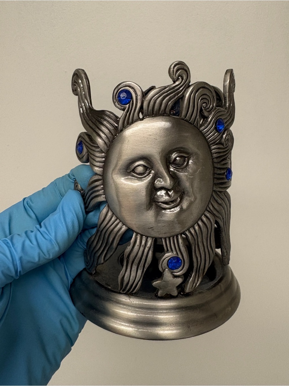 Pewter Celestial Sun Moon Candle Holder with Blue Rhinestones - Whimsygoth